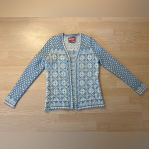 Oleana Espeland Cardigan Sweater Blue White Wool 100% Alpaca Knit Button Size M